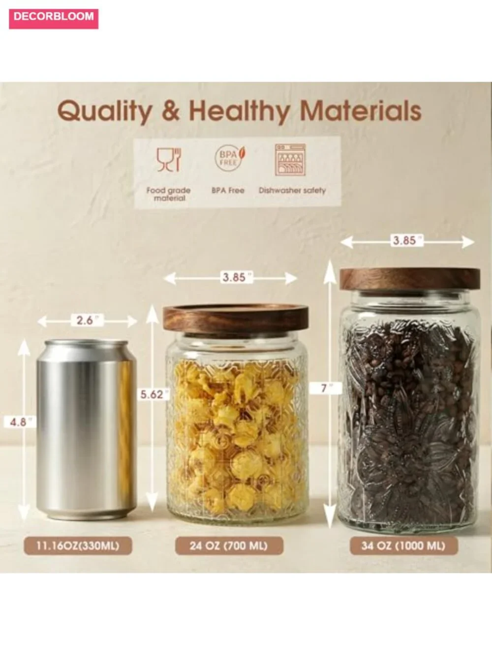 6 Pack Airtight Glass Storage Jar with Bamboo Lid - 24oz Food Canisters for